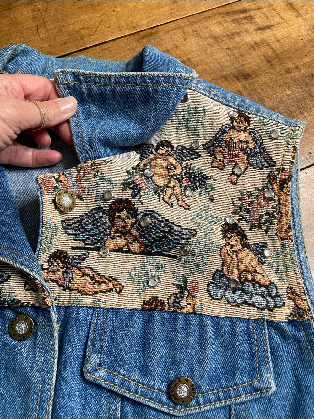 Vintage Denim Vest with Cherub Tapestry Yoke with Shiny Clear Stud Accents